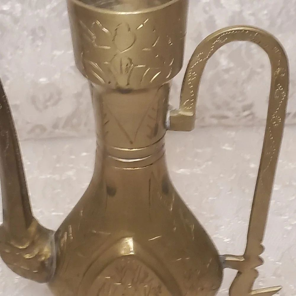 Brass‎ Pitcher Vase Ornate Petinaed Ornate Oil Annointing Dragon Floral Etched